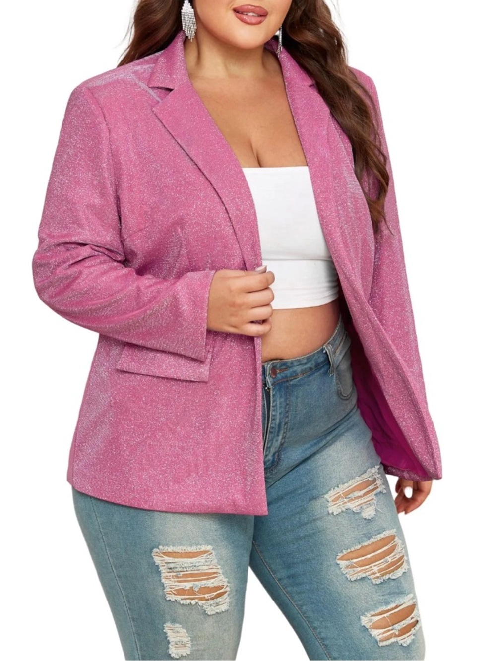 Pink Sparkly Blazer Jacket Plus Size Glam Y2K Barbiecore Party Statement